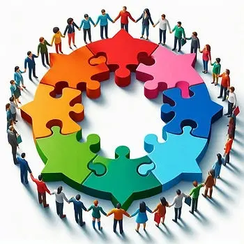 People surrounding interconnected puzzle pieces illustrating what is 360 feedback and collaborative employee evaluation.