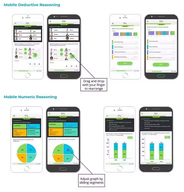 Mobile screens displaying the Verify G+ Test for cognitive assessment with deductive and numerical reasoning tasks.